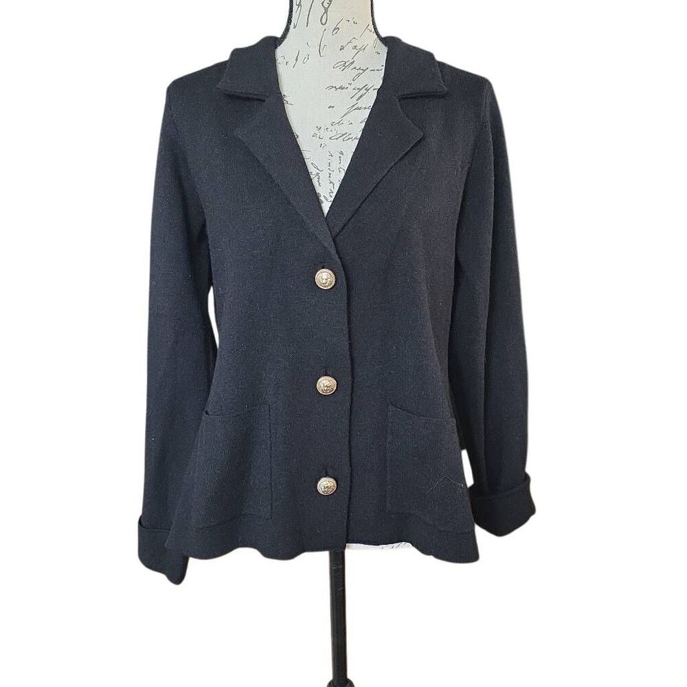 Adrienne Vittadini Women's Size Large Black Gold Button Cardigan Sweater